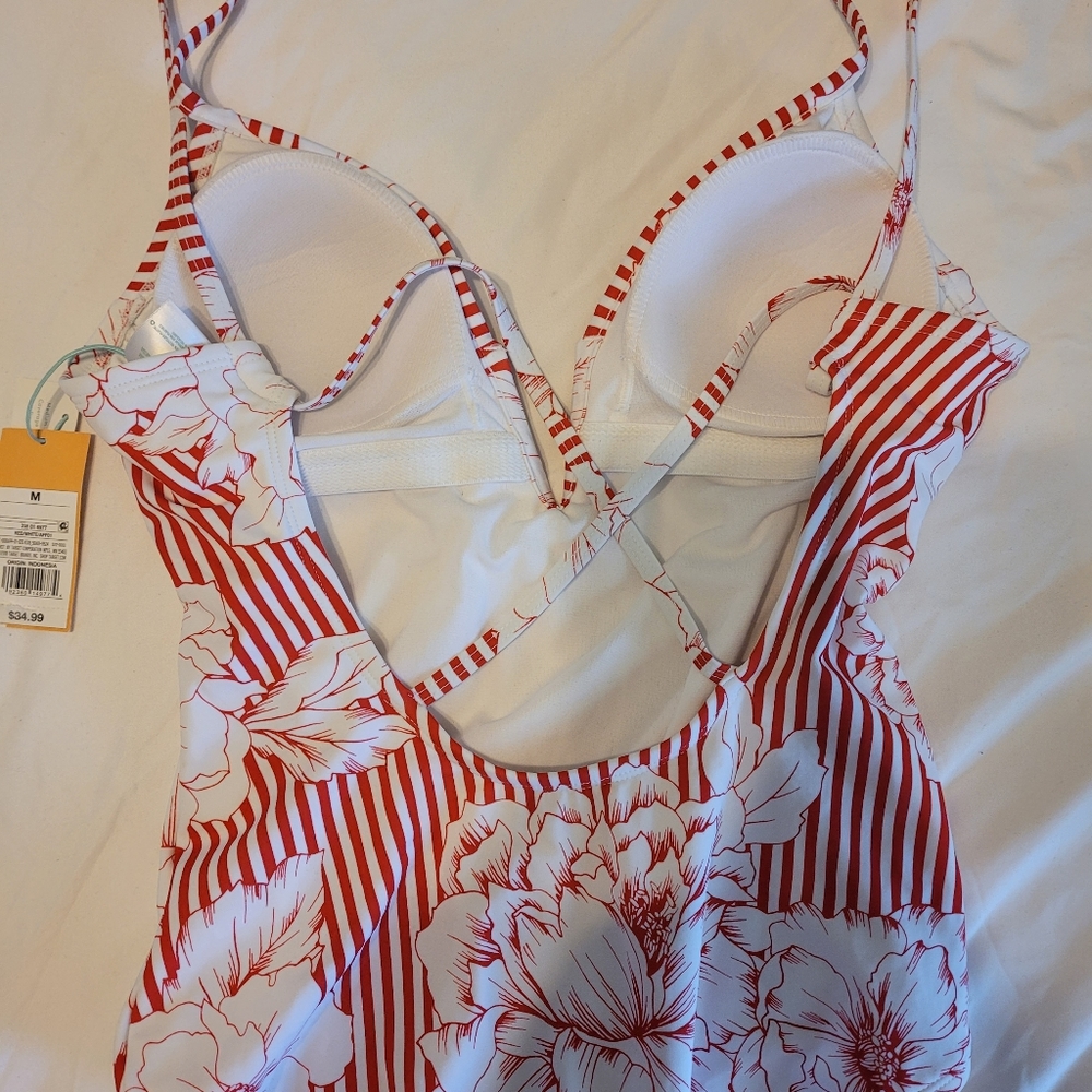 Red/white Stripes and Floral One Piece Swimsuit - Picture 2 of 4